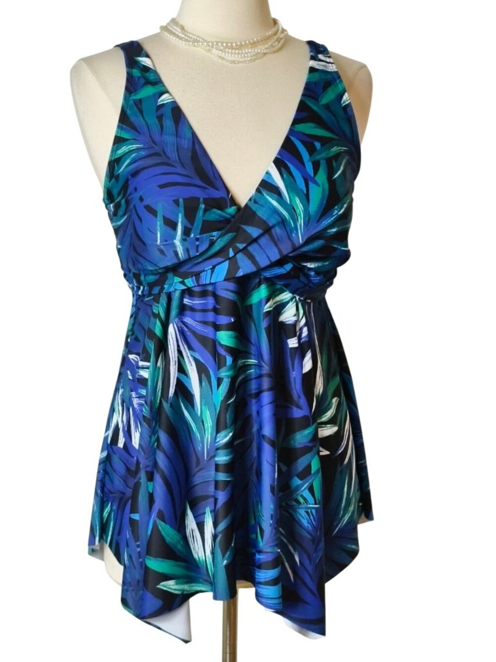 Ecupper Womens 16 Tankini Swim Top Tropical Shelf Bra Bathing Top Blue Green NEW